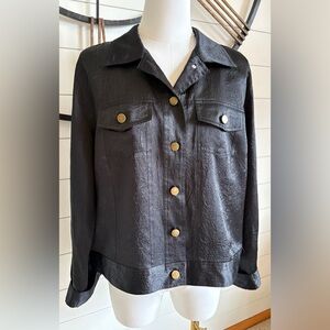 Spenser Jeremy Black Textured Satin-Like Shaket with Prominent Gold-Tone Buttons